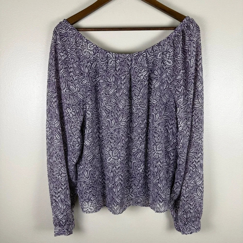 LOFT Women's L Blouse Purple Paisley Floral Puff Sleeve V-Neck Office Formal NEW